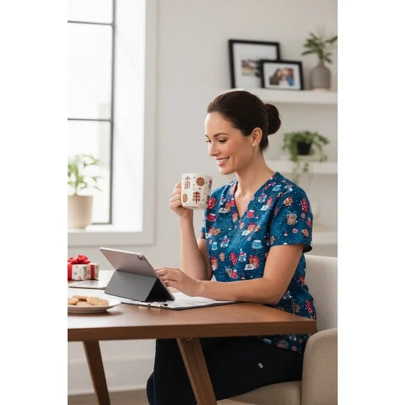 LOT OF 5 Womens Printed Scrub Top Short Sleeve Medium Holiday Workwear Medical - Picture 10 of 13